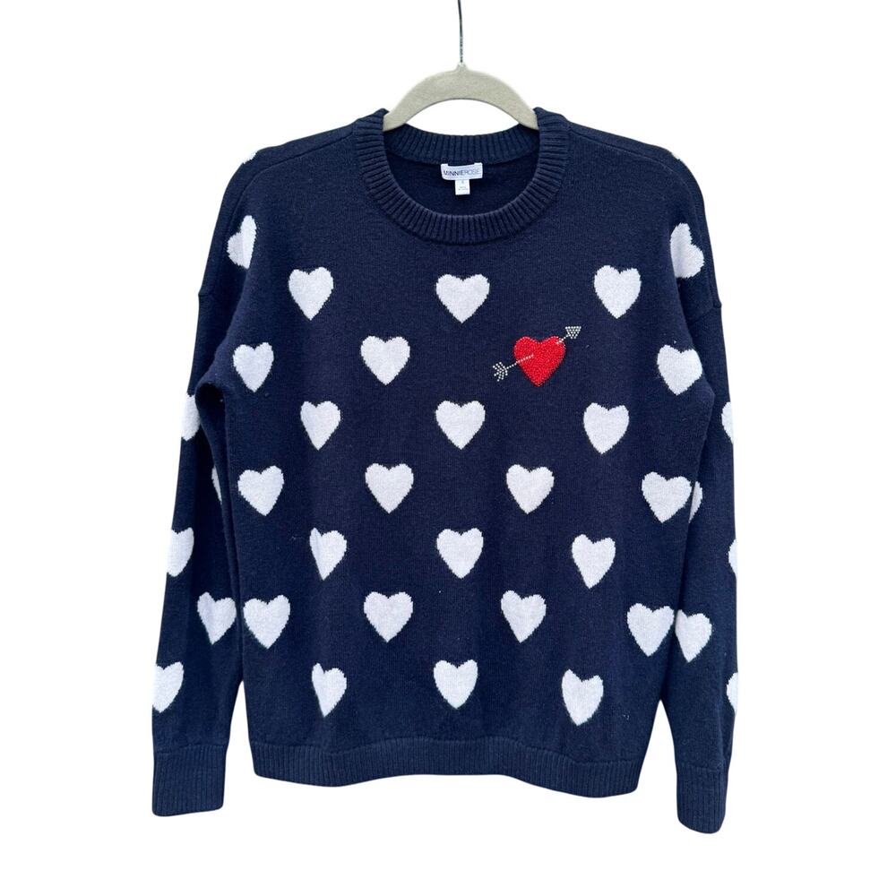 Minnie Rose Navy Heart Print Cashmere Crew Neck Pullover Sweater Small S